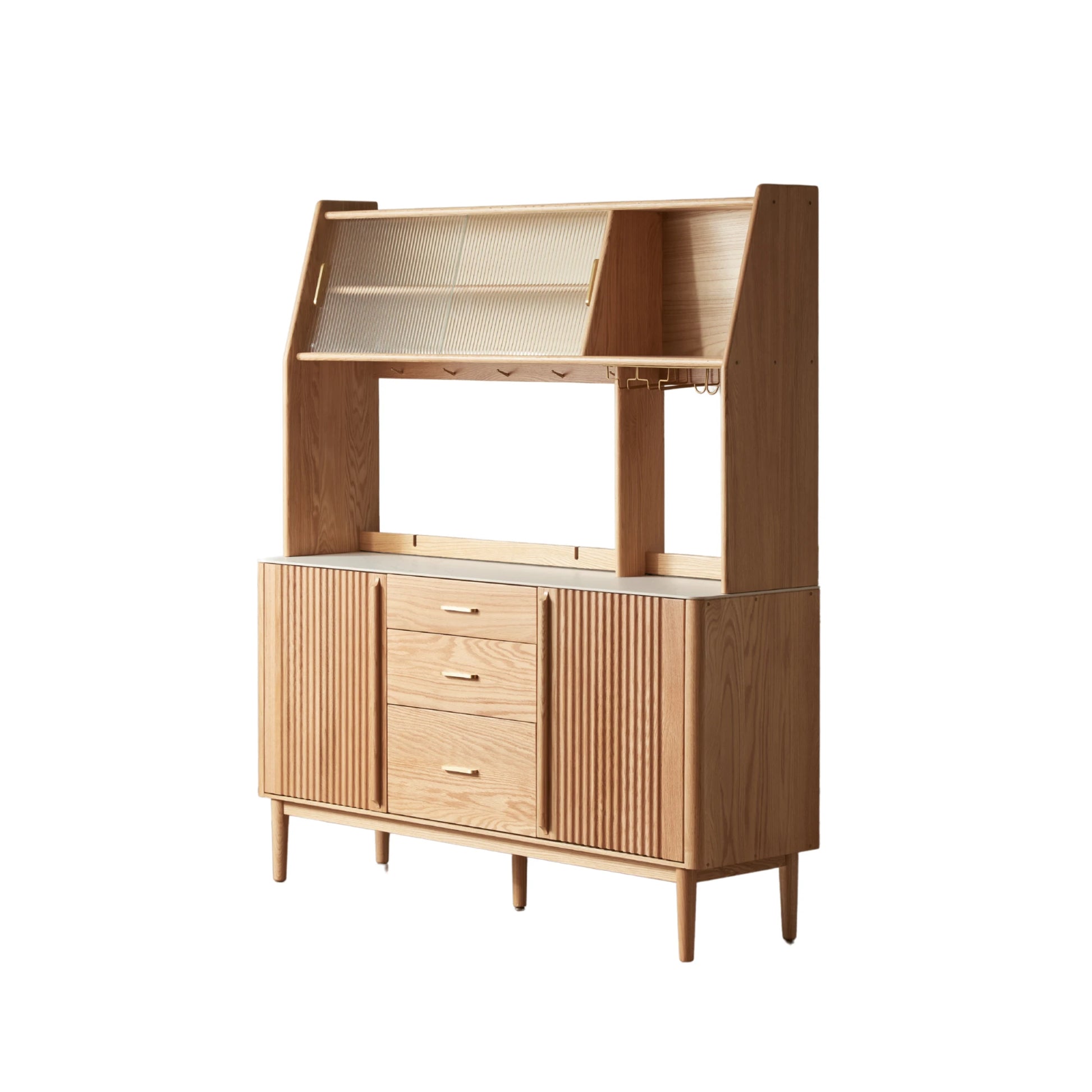 Solidwood Santa Rosa Sideboard with Sintered Stone Top & Hutch, 150x42x172cm, Natural Wood
