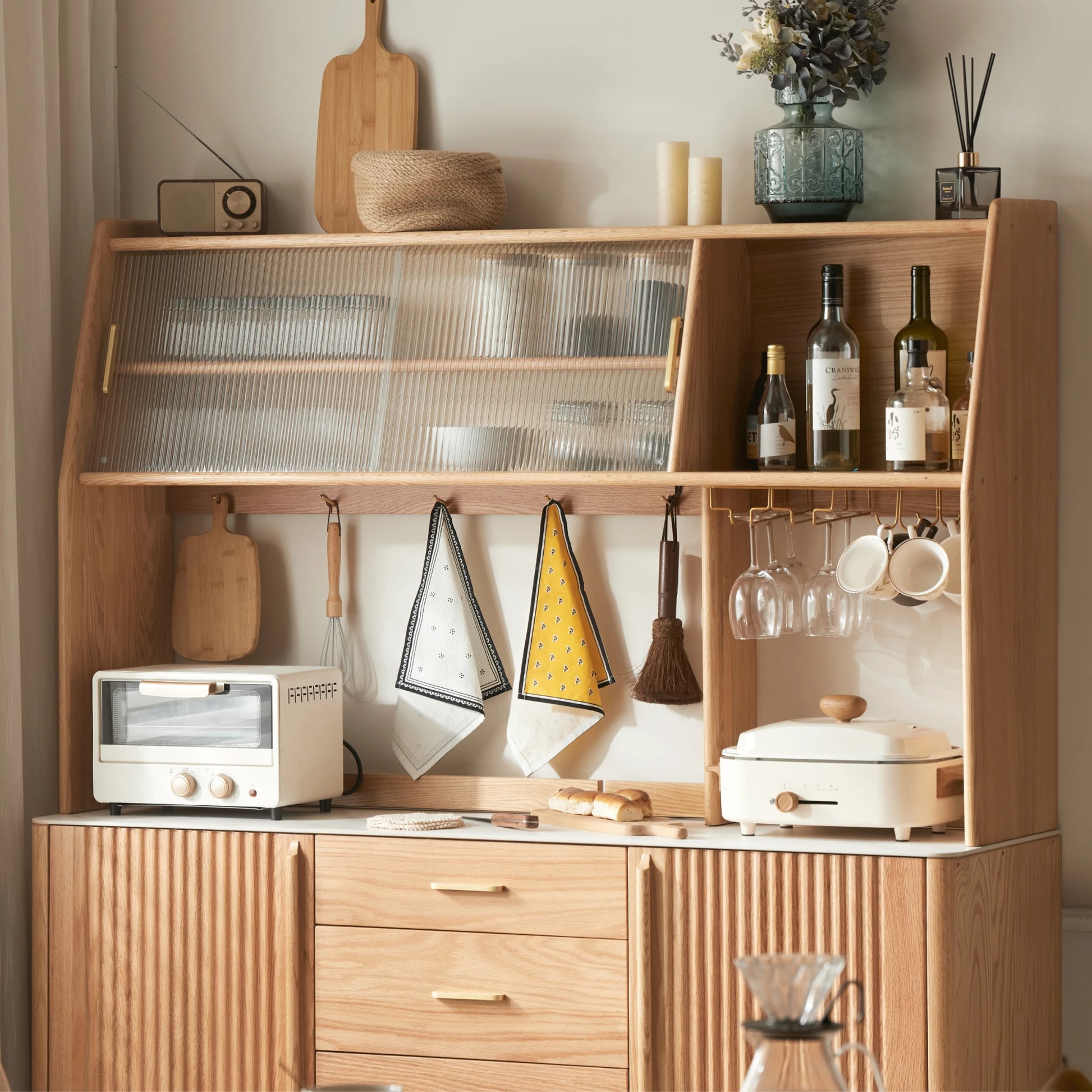 Solidwood Santa Rosa Sideboard with Sintered Stone Top & Hutch, 150x42x172cm, Natural Wood