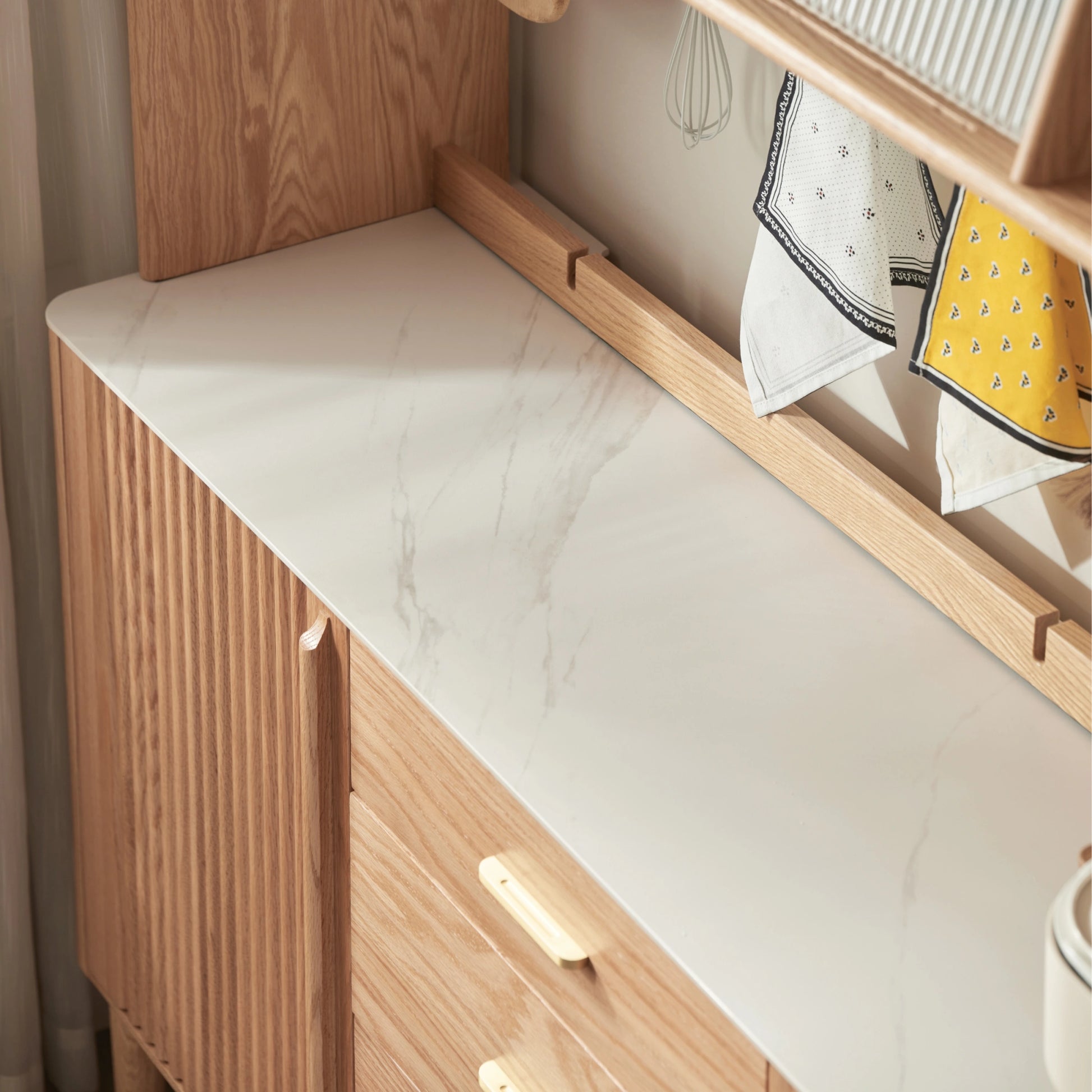 Solidwood Santa Rosa Sideboard with Sintered Stone Top & Hutch, 150x42x172cm, Natural Wood