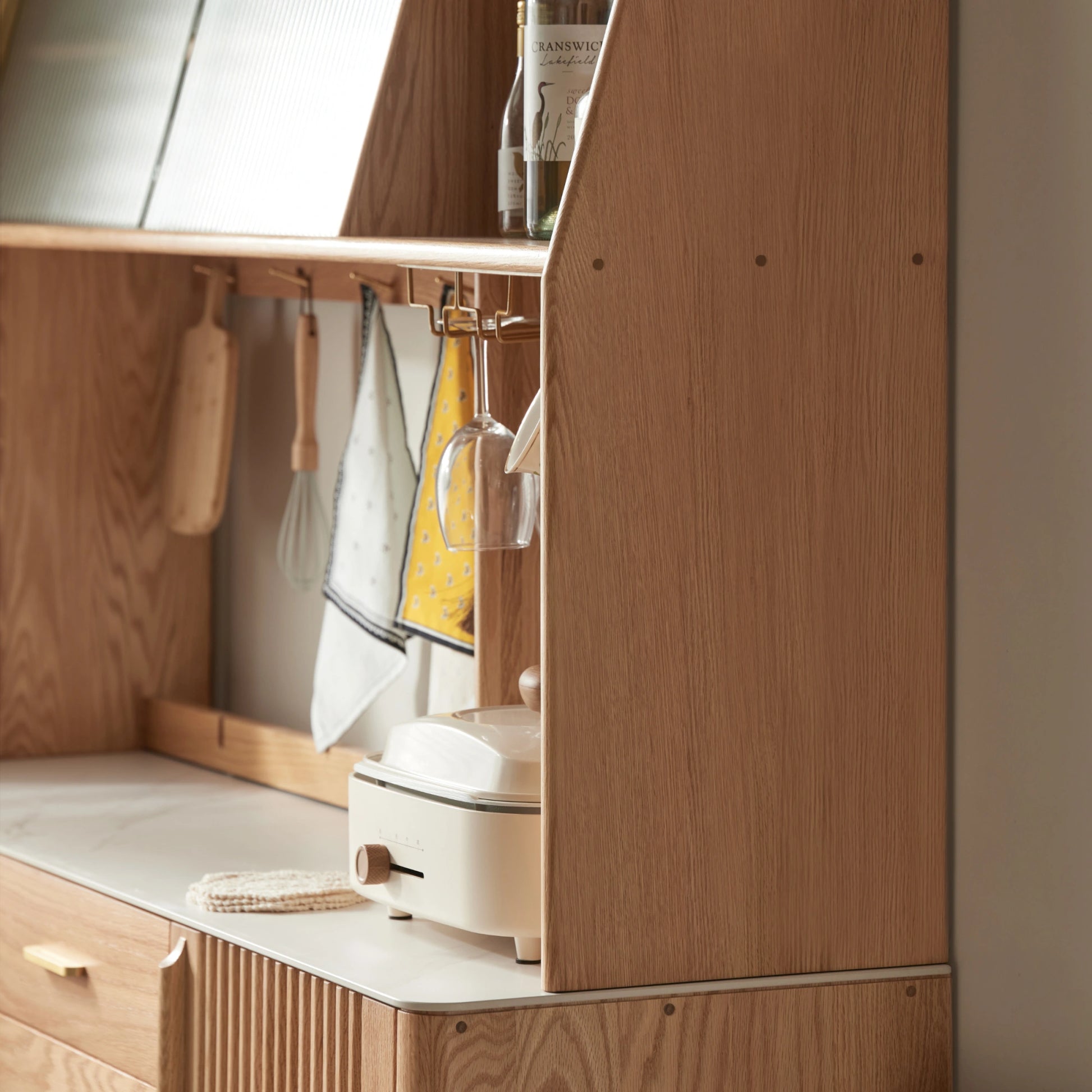 Solidwood Santa Rosa Sideboard with Sintered Stone Top & Hutch, 150x42x172cm, Natural Wood