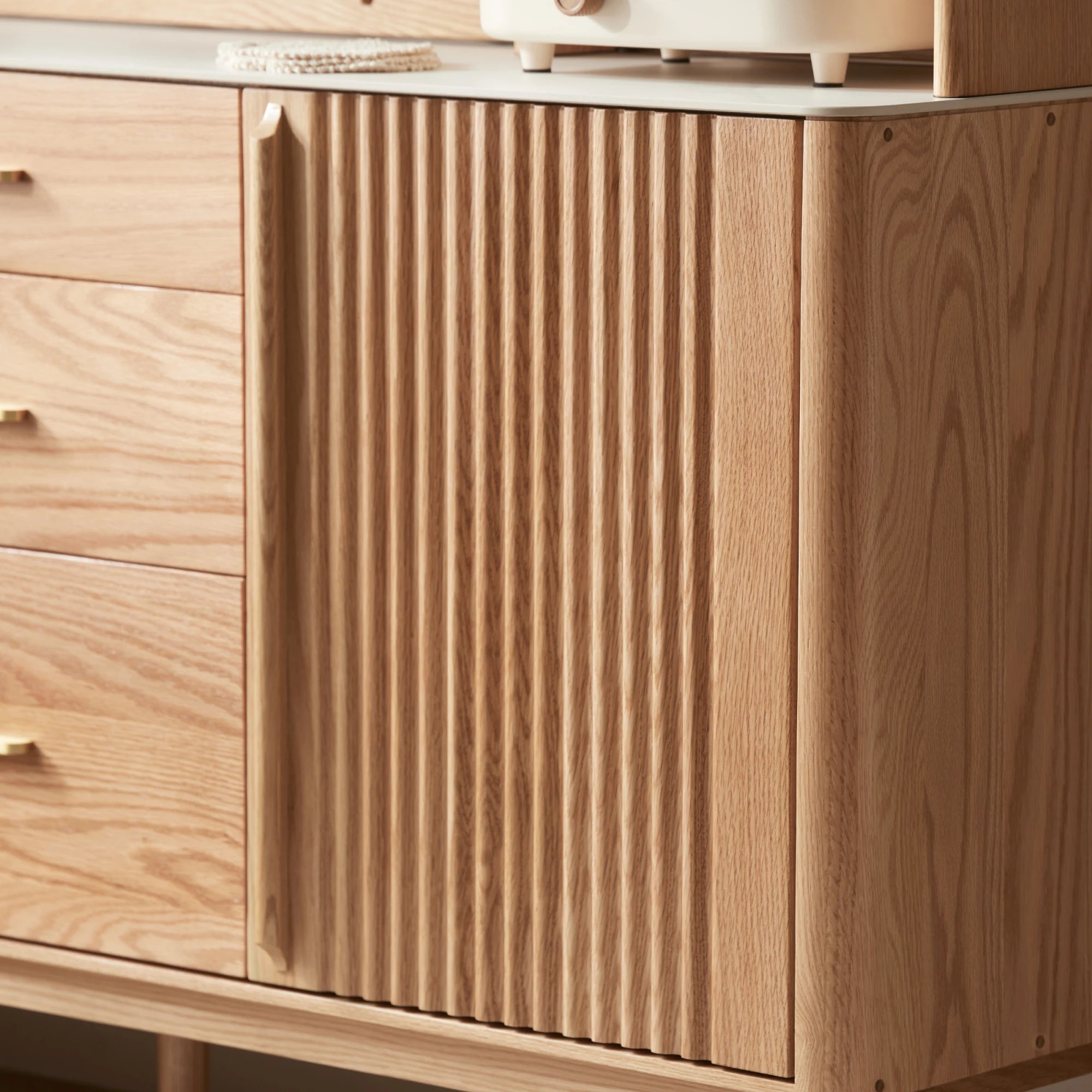 Solidwood Santa Rosa Sideboard with Sintered Stone Top & Hutch, 150x42x172cm, Natural Wood