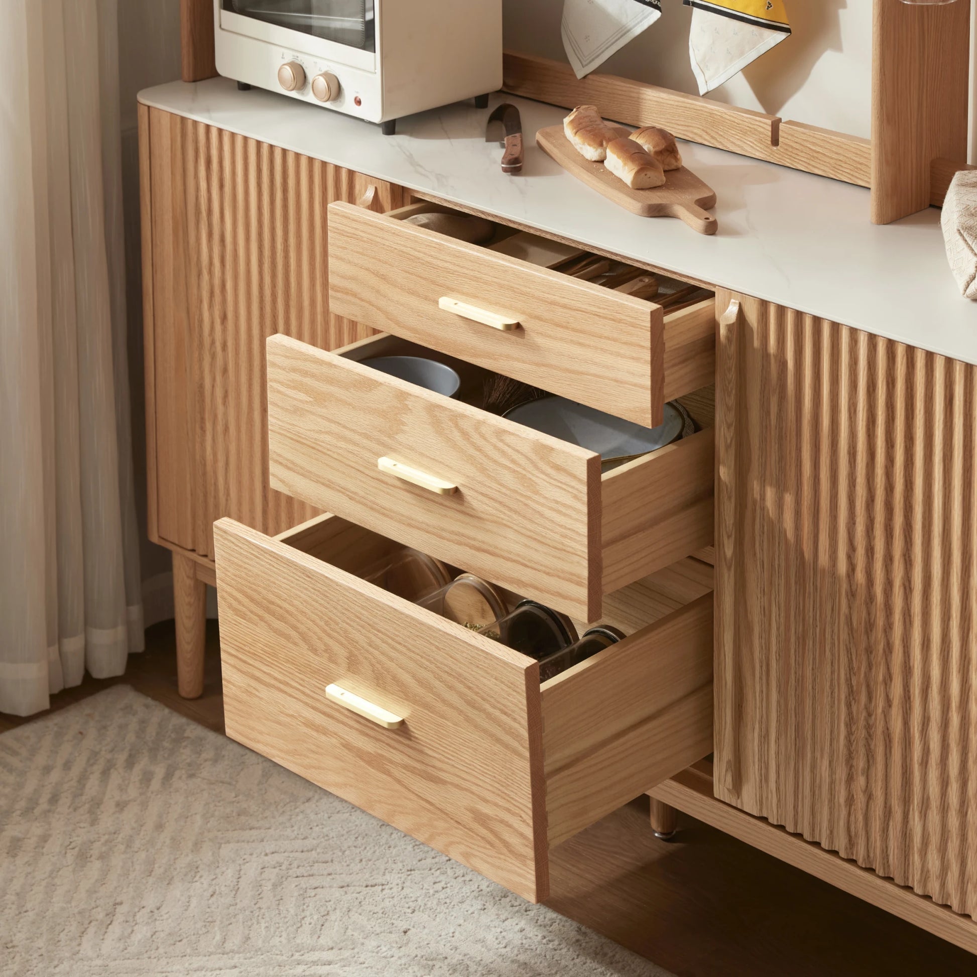Solidwood Santa Rosa Sideboard with Sintered Stone Top & Hutch, 150x42x172cm, Natural Wood
