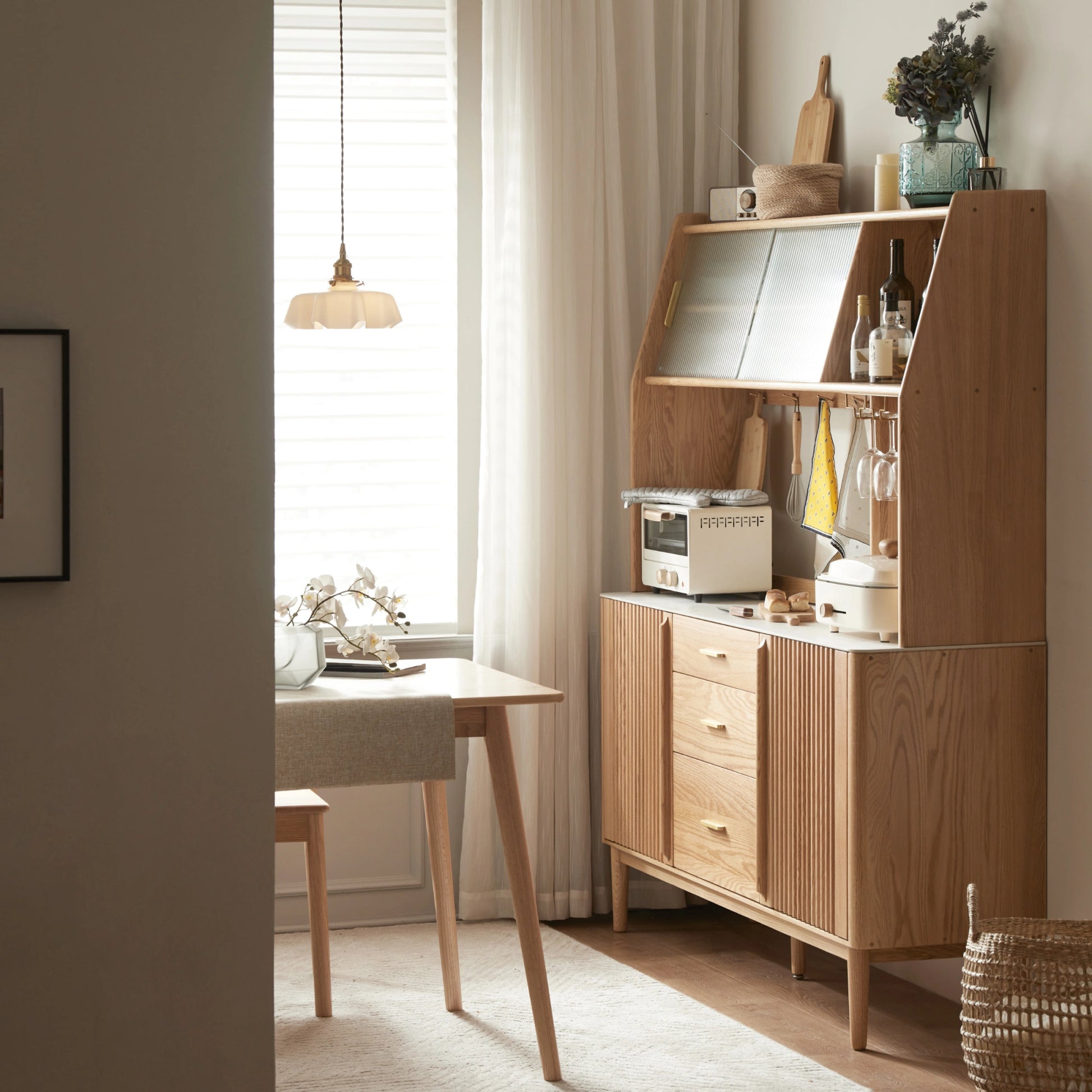 Solidwood Santa Rosa Sideboard with Sintered Stone Top & Hutch, 150x42x172cm, Natural Wood