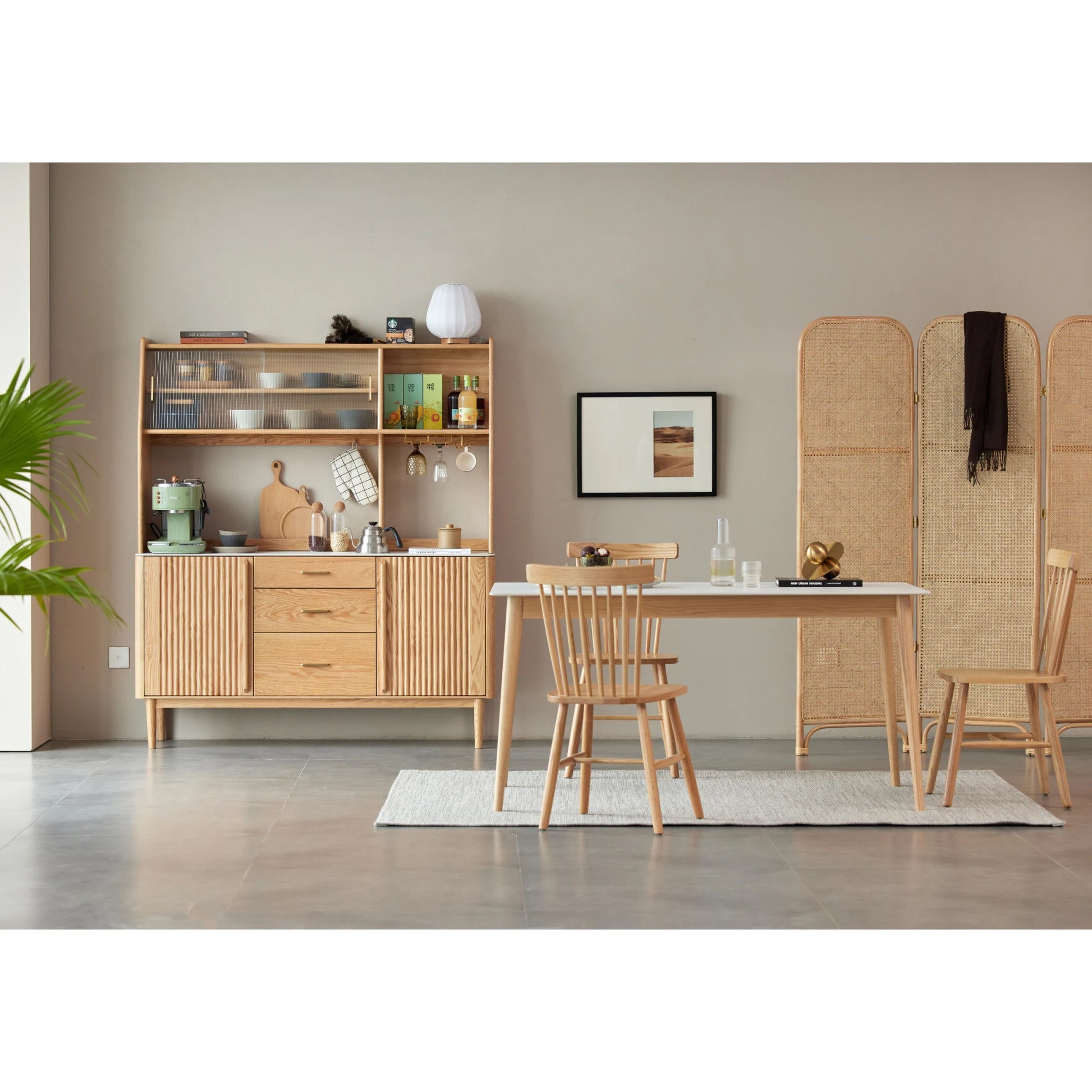 Solidwood Santa Rosa Sideboard with Sintered Stone Top & Hutch, 150x42x172cm, Natural Wood