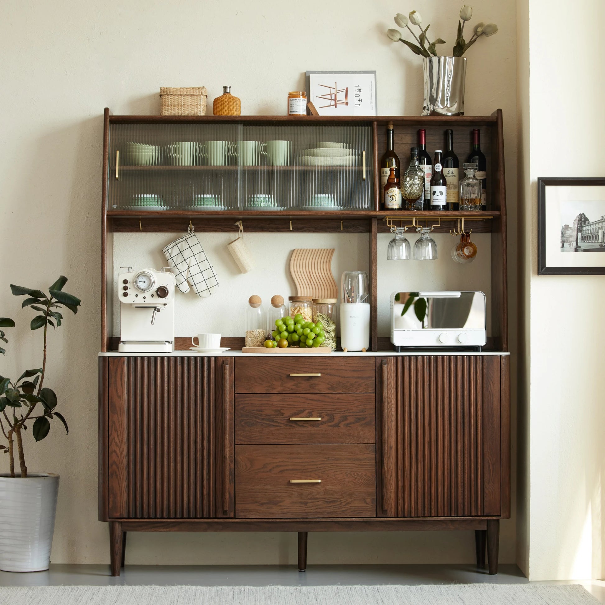 Solidwood Santa Rosa Sideboard with Sintered Stone Top & Hutch, 120x42x172cm, Dark Wood