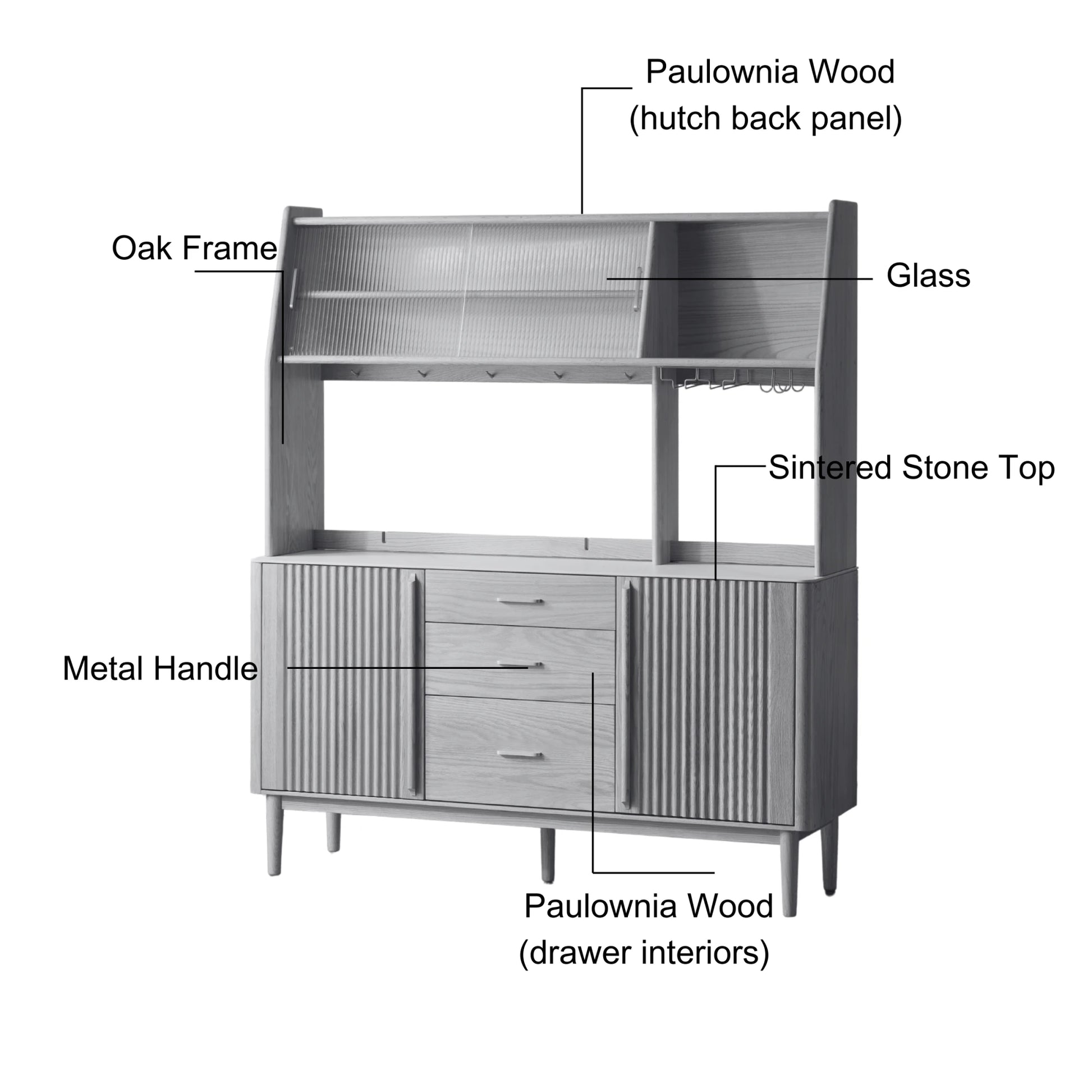 Solidwood Santa Rosa Sideboard with Sintered Stone Top & Hutch, 120x42x172cm, Dark Wood