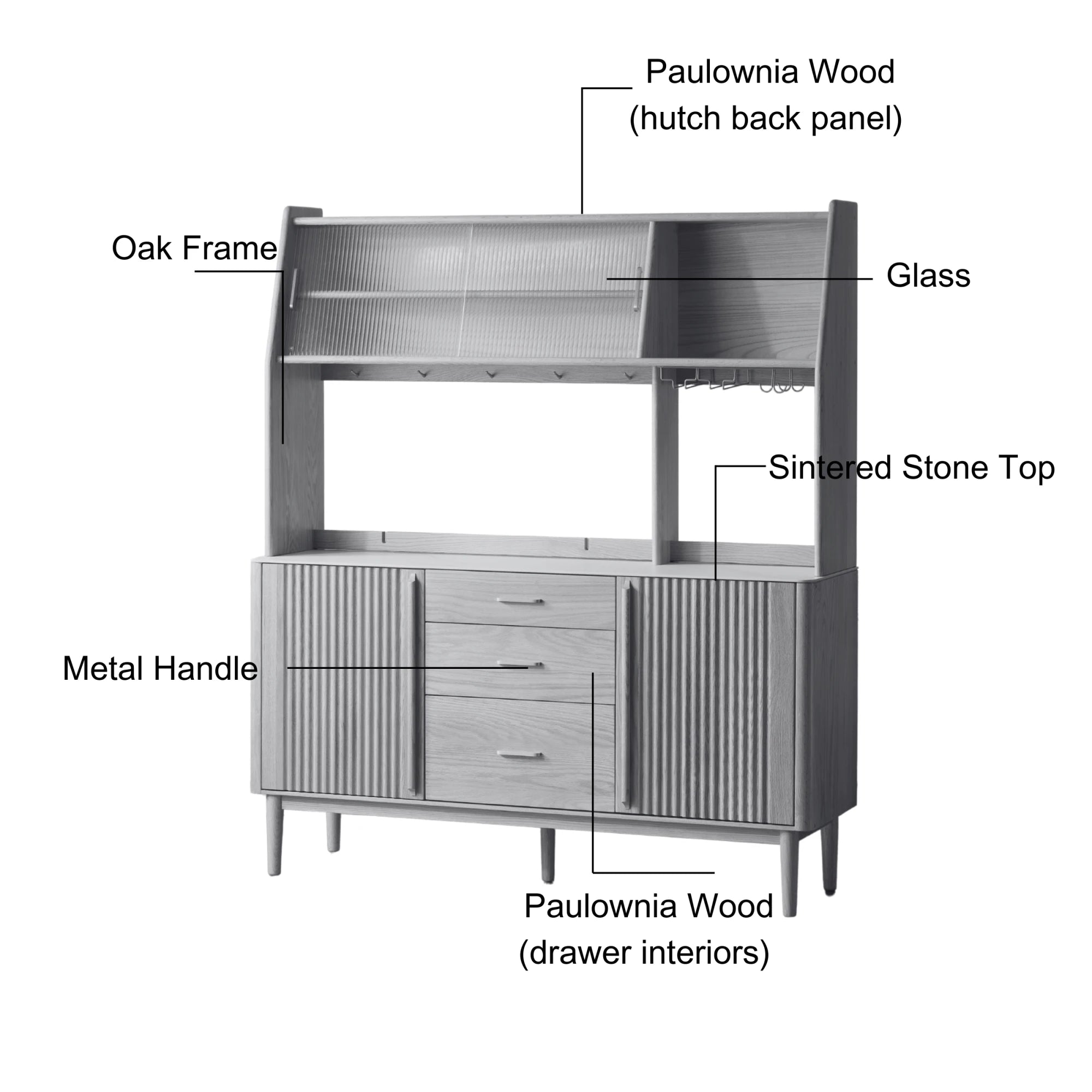Solidwood Santa Rosa Sideboard with Sintered Stone Top & Hutch, 120x42x172cm, Dark Wood