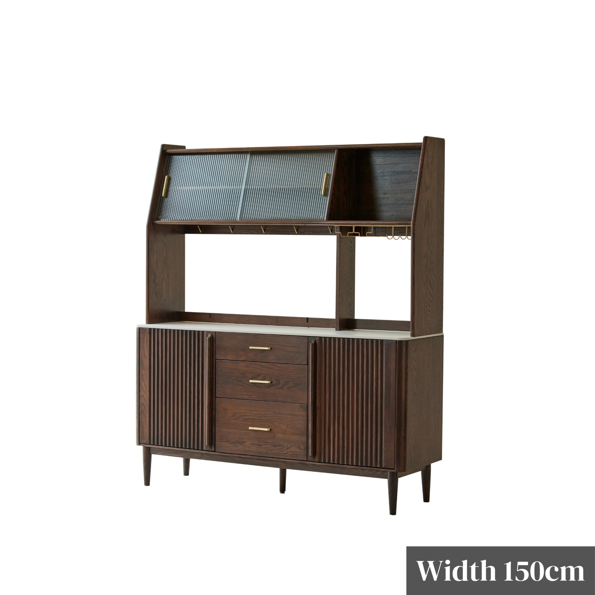Solidwood Santa Rosa Sideboard with Sintered Stone Top & Hutch, 150x42x172cm, Dark Wood