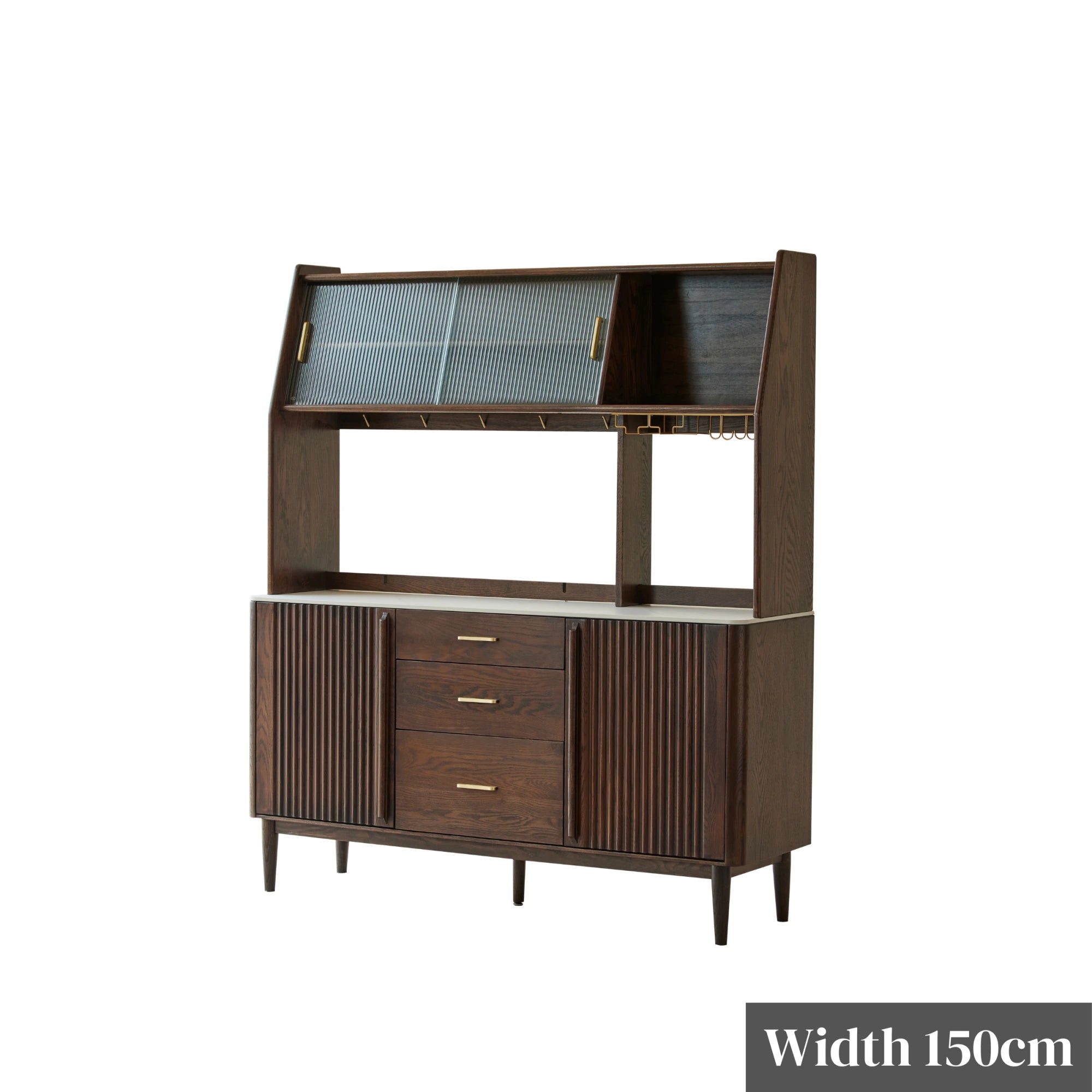 Solidwood Santa Rosa Sideboard with Sintered Stone Top & Hutch, 150x42x172cm, Dark Wood