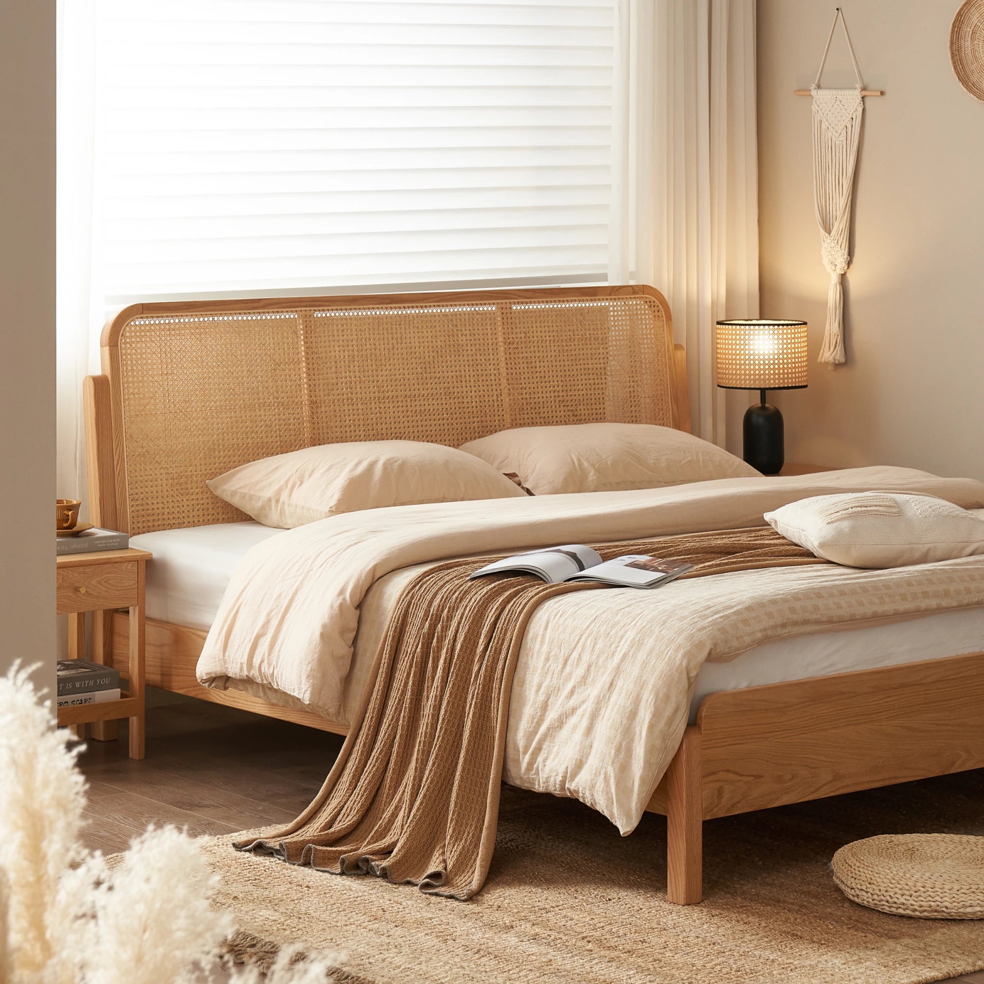 Solidwood Wenrik Bed Frame With Adjustable Headboard, Natural Wood