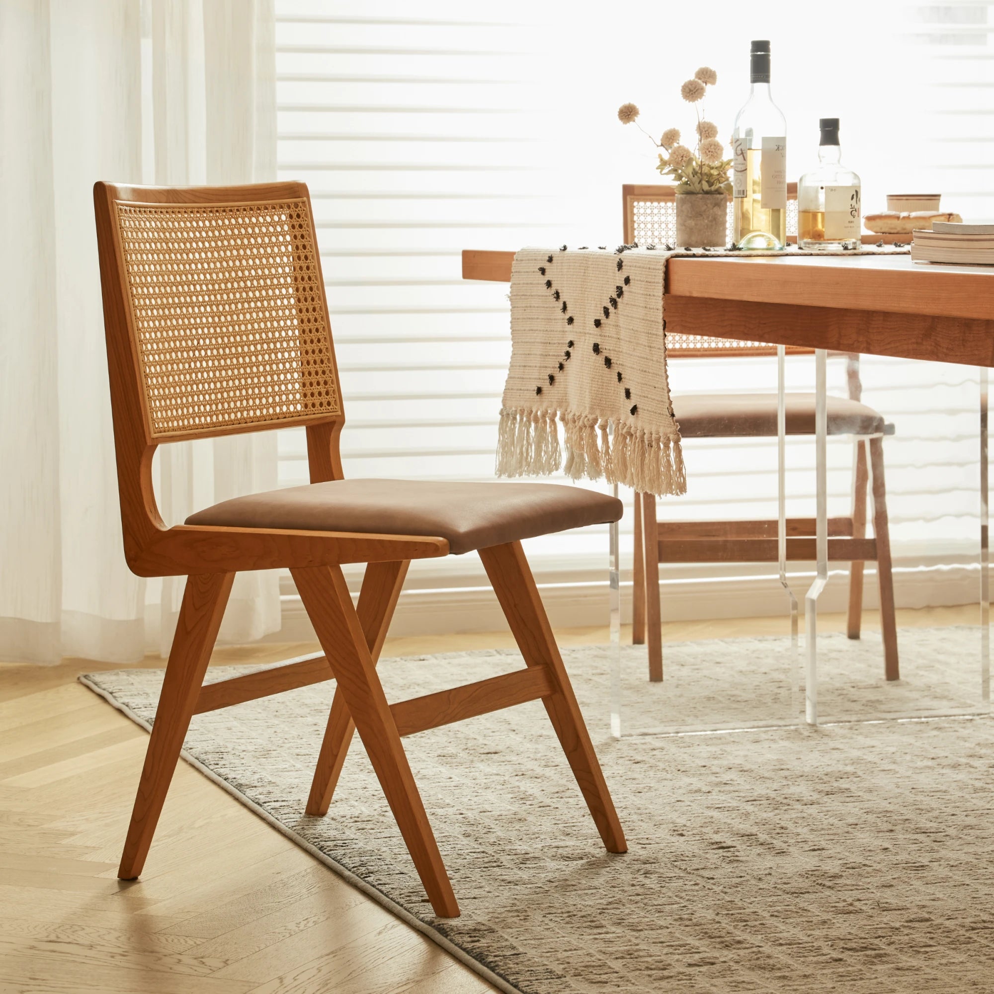 Solidwood Elvoraa Cherry Dining Table Set with 4 Chairs, 180cm