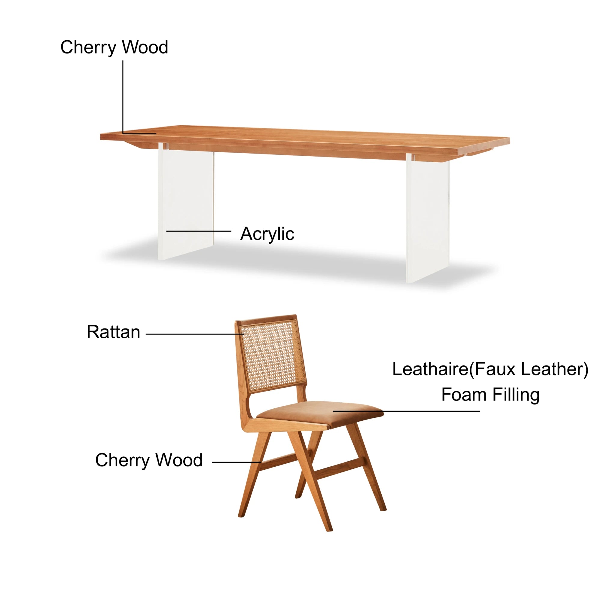 Solidwood Elvoraa Cherry Dining Table Set with 4 Chairs, 200cm