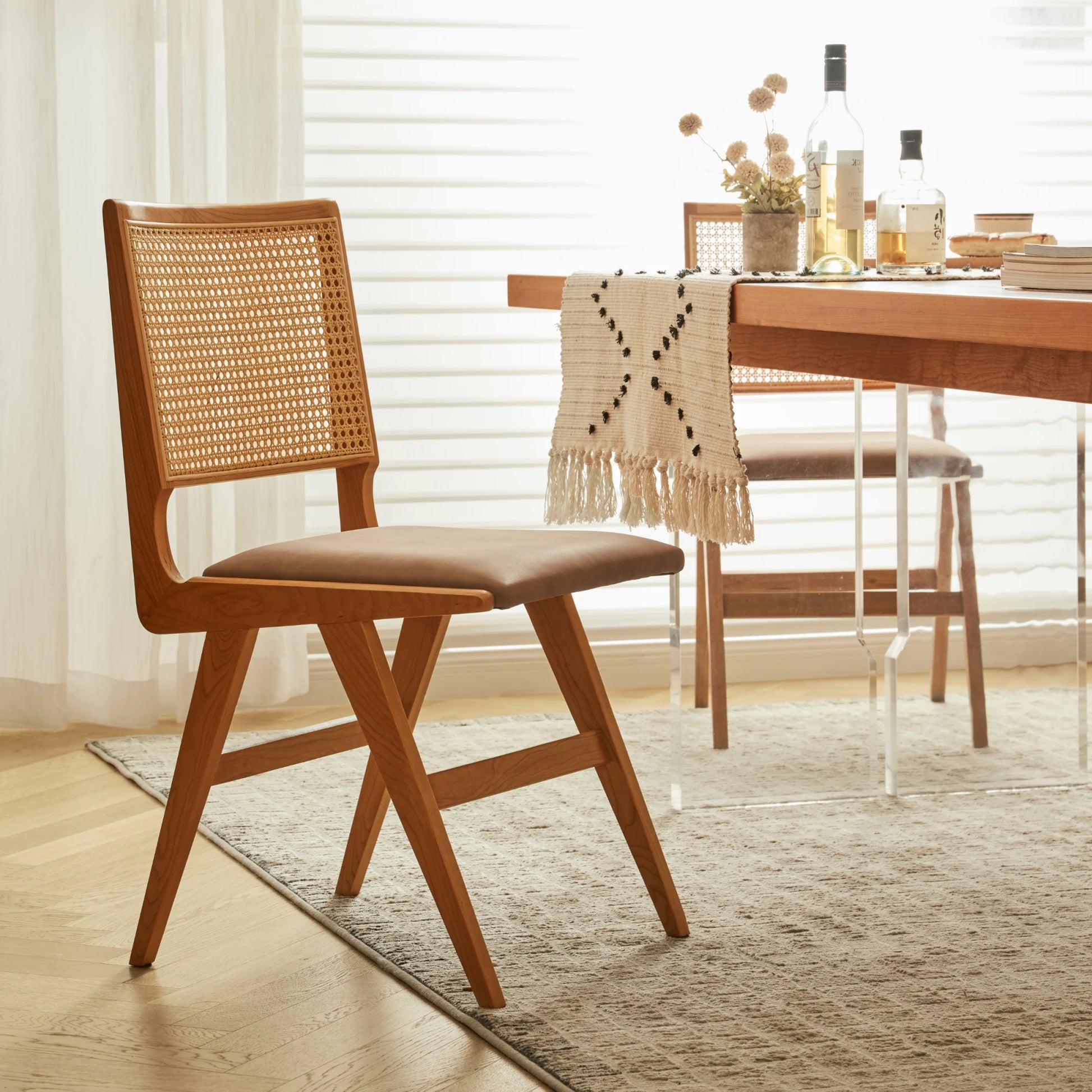 Solidwood Elvoraa Cherry Dining Table Set with 4 Chairs, 220cm