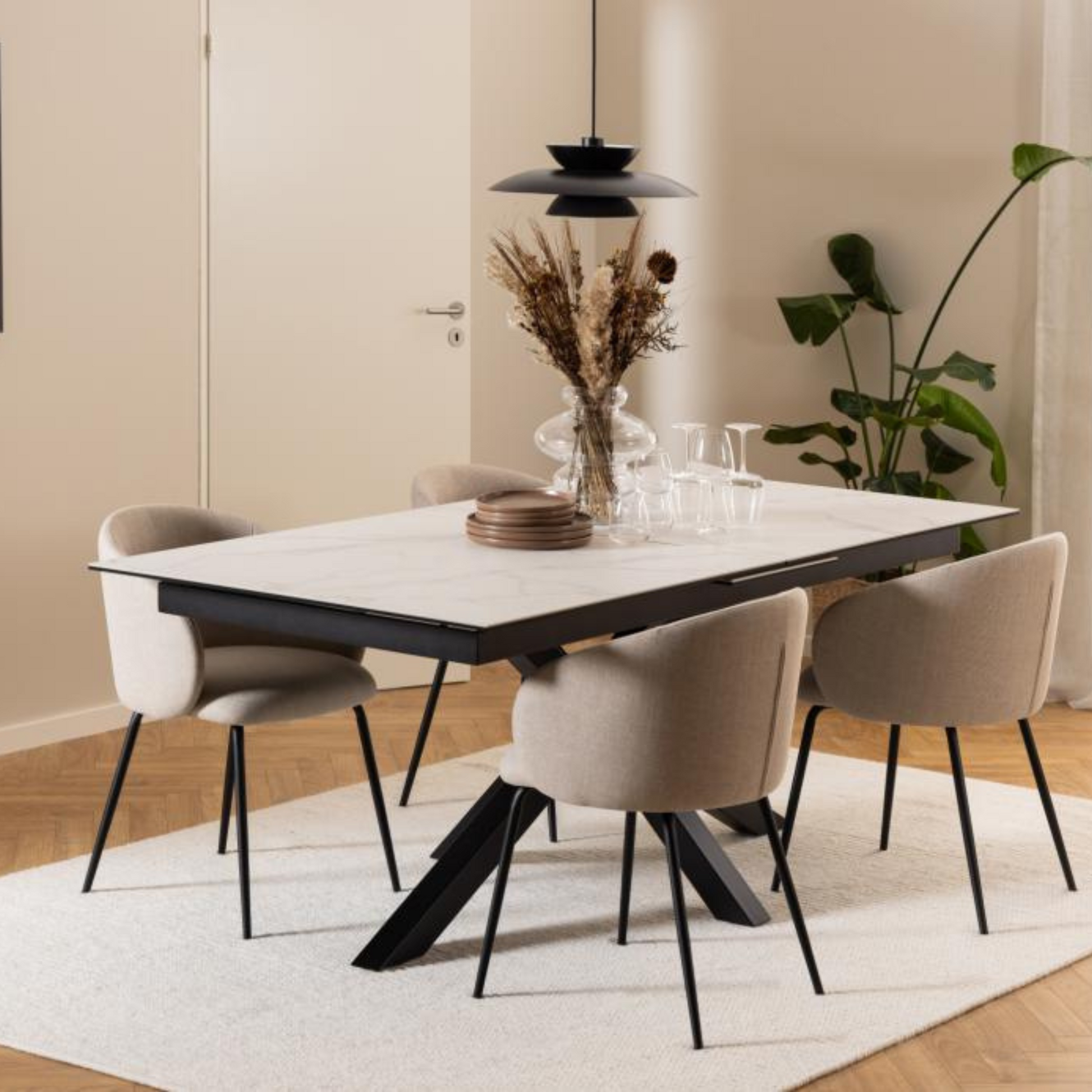 Hjem Design Elmar Dining Chair with Armrest, Beige, Set of 2