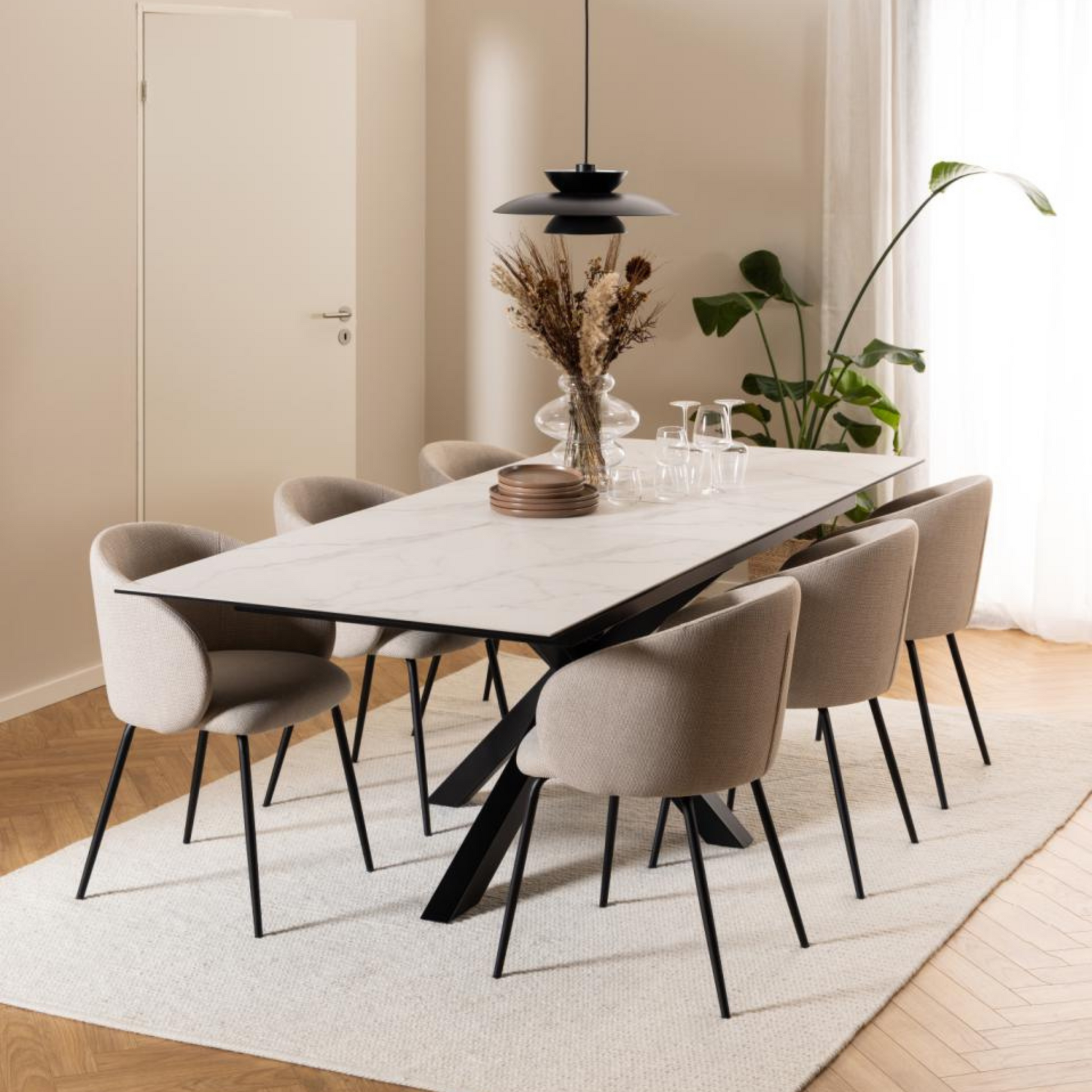 Hjem Design Elmar Dining Chair with Armrest, Beige, Set of 2