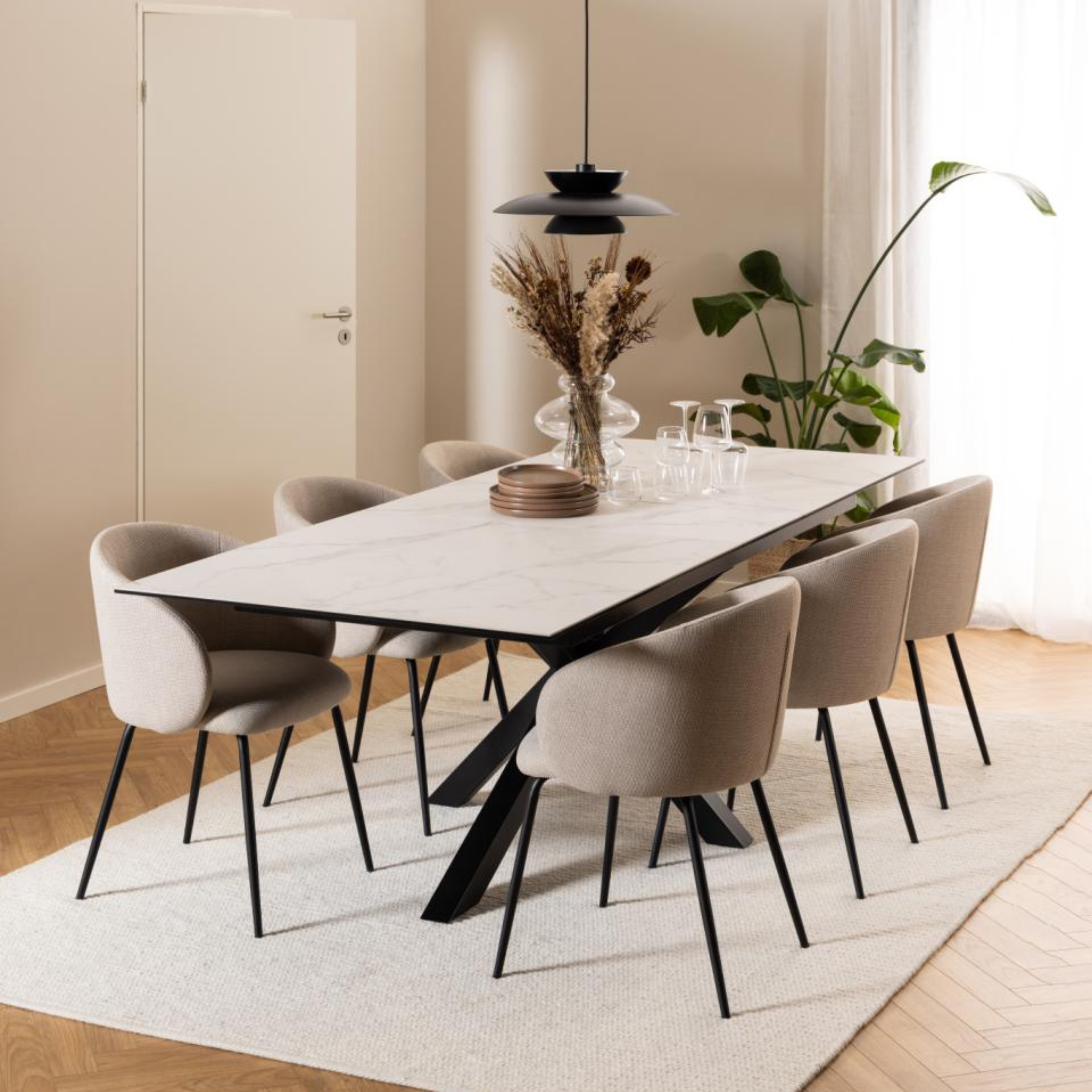 Hjem Design Elmar Dining Chair with Armrest, Beige, Set of 2