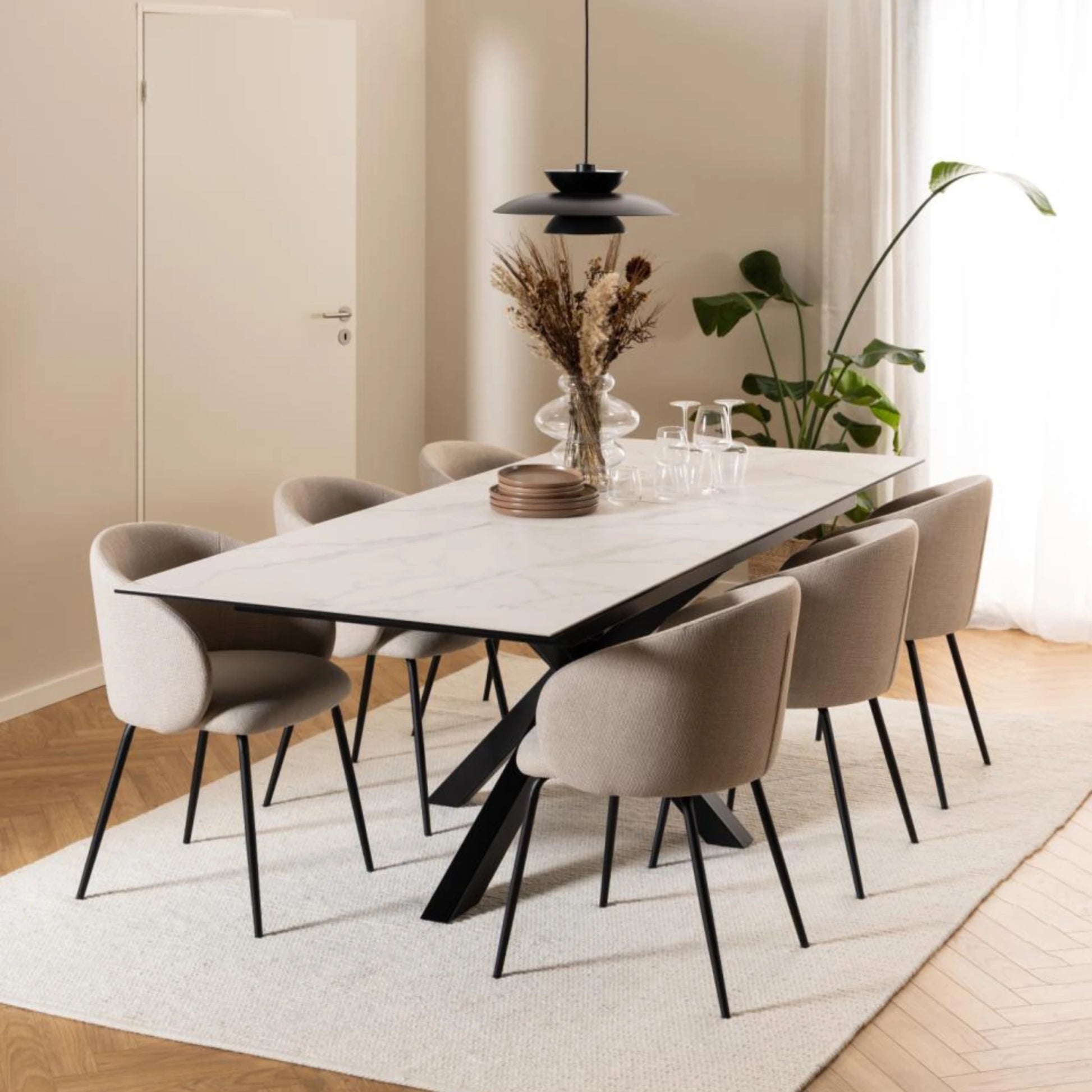 Hjem Design Eleanor Dining Chair with Armrest, Beige, Set of 2