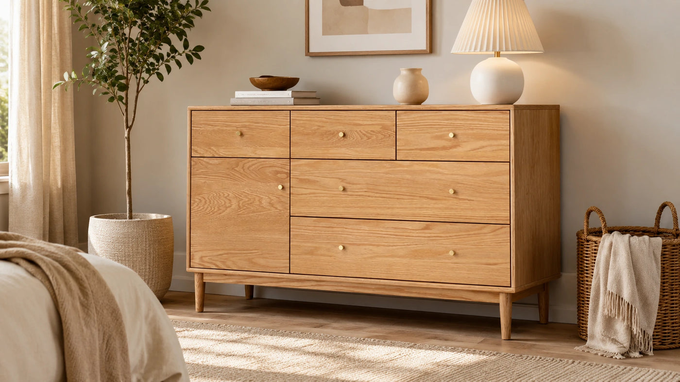 Solid wood furniture in a styled room